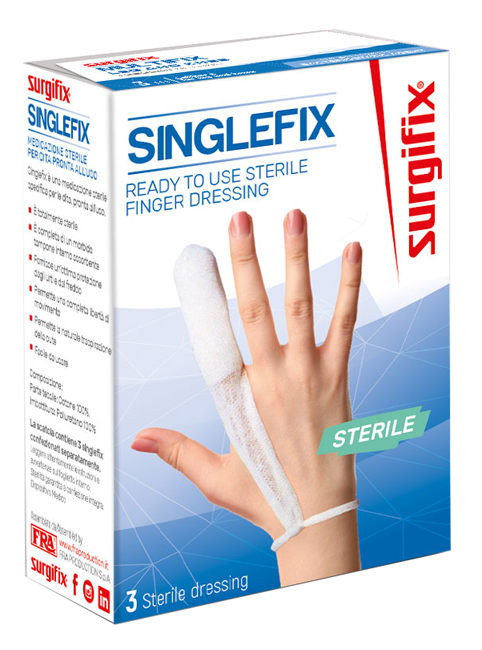 MEDICAZIONE STERILE PER DITO SINGLEFIX, COSTITUITA DA UNA GUAINA IN COTONE E DA UN'IMBOTTITURA INTERNA ASSORBENTE. SI APPLICA DIRETTAMENTE SULLA FERITA E SI FISSA AL POLSO - farmanauta.it
