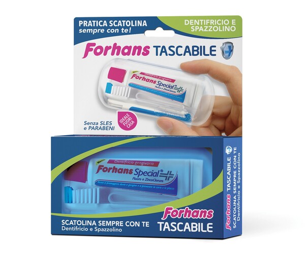 FORHANS TRAVEL KIT TASCABILE COMPOSTO DA SPAZZOLINO DA VIAGGIO + FORHANS SPECIAL PASTA DENTIFRICIA TUBETTO 12,5 ML - farmanauta.it