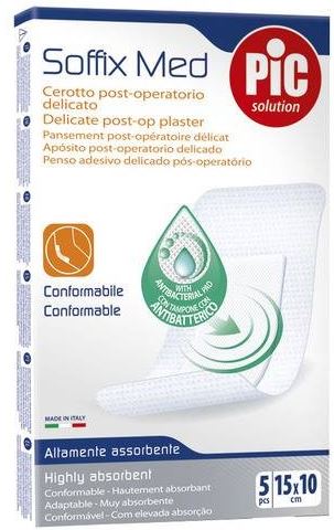 CEROTTO PIC SOFFIX MED IN TNT CON TAMPONE CENTRALE ASSORBENTE STERILE MONOUSO 10X15 CM ANTIBATTERICO 5 PEZZI - farmanauta.it