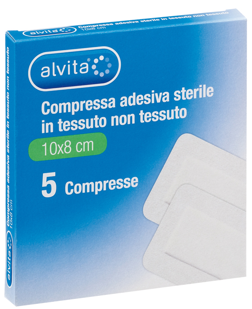 ALVITA GARZA COMPRESSA ADESIVA STERILE IN TESSUTO NON TESSUTO ESTENSIBILE BIANCO 10X8CM 5 PEZZI - farmanauta.it