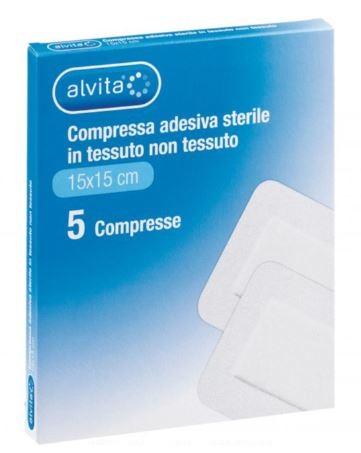 ALVITA GARZA COMPRESSA ADESIVA STERILE IN TESSUTO NON TESSUTO ESTENSIBILE BIANCO 15X15CM 5 PEZZI - farmanauta.it