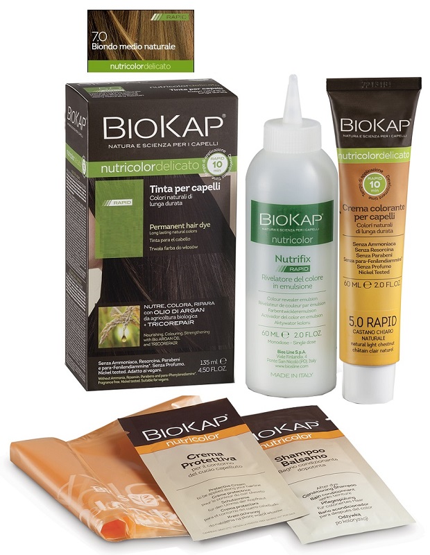 BIOS LINE  BIOKAP NUTRICOLOR DELICATO RAPID TINTA 7,0 BIONDO MEDIO NATURALE 135 ML - farmanauta.it