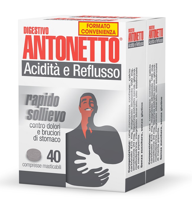 DIGESTIVO ANTONETTO ACIDITA' E REFLUSSO 80 COMPRESSE MASTICABILI 2 ASTUCCI DA 40 COMPRESSE - farmanauta.it