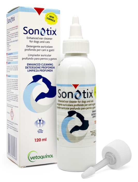 SONOTIX DETERGENTE AURICOLARE PROFONDO CANI E GATTI FLACONE 120 ML + CANNULA CORTA RIGIDA + CANNULA LUNGA FLESSIBILE - farmanauta.it