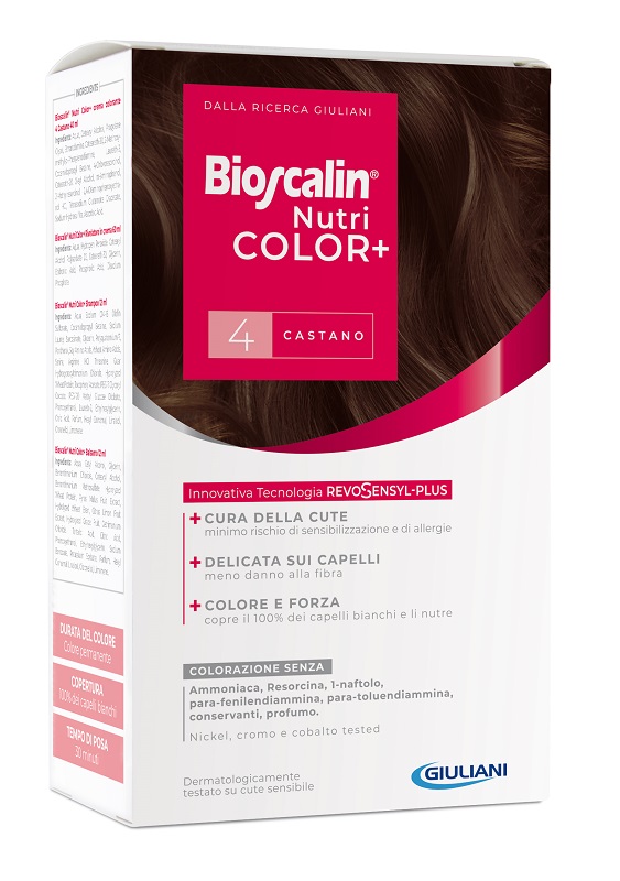 BIOSCALIN NUTRICOLOR PLUS 4 CASTANO CREMA COLORANTE 40 ML + RIVELATORE CREMA 60 ML + SHAMPOO 12 ML + TRATTAMENTO FINALE BALSAMO 12 ML - farmanauta.it