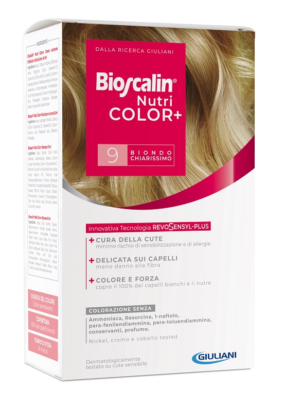 BIOSCALIN NUTRICOLOR PLUS 9 BIONDO CHIARISSIMO CREMA COLORANTE 40 ML + RIVELATORE CREMA 60 ML + SHAMPOO 12 ML + TRATTAMENTO FINALE BALSAMO 12 ML - farmanauta.it