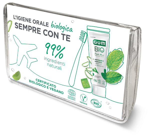 GUM TRAVEL KIT BIO 1 SPAZZOLINO + 1 DENTIFRICIO +  1 SCOVOLINO INTERDENTALE - farmanauta.it